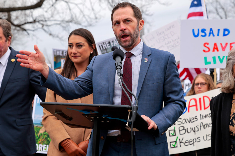 Rep. Jason Crow, D-Colo., during a rally in support of U.S. Agency for International Development on the grounds of the U.S. Capitol on Feb. 5.Chip Somodevilla / Getty Images file